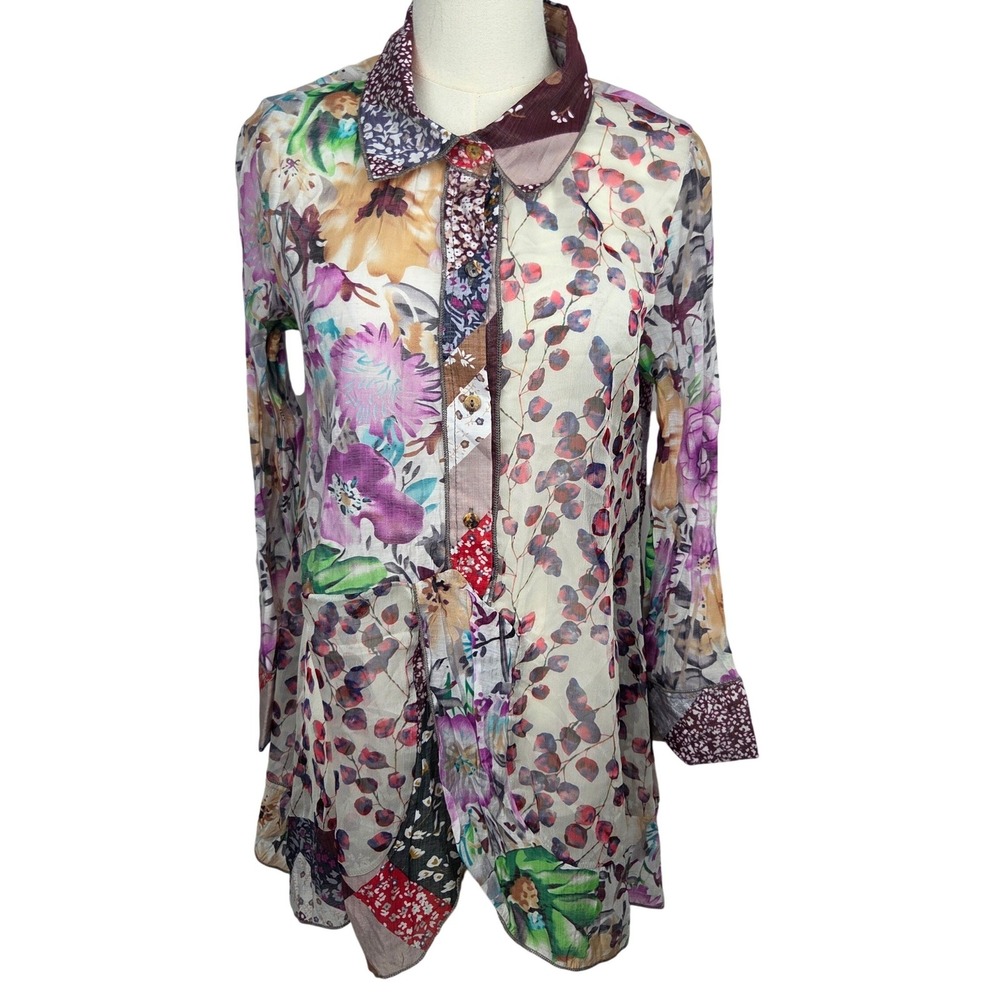 Adore Patchwork Floral Blouse Small Multicolor Sheer Boho Button Shirt Artsy